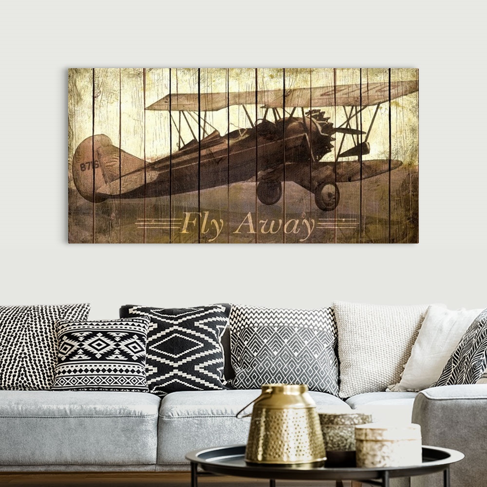 A bohemian room featuring Vintage photo of an airplane on canvas with a wooden and grungy texture overlaid on top.