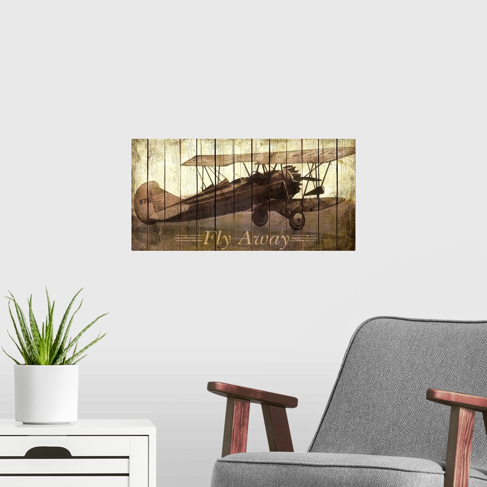 A modern room featuring Vintage photo of an airplane on canvas with a wooden and grungy texture overlaid on top.