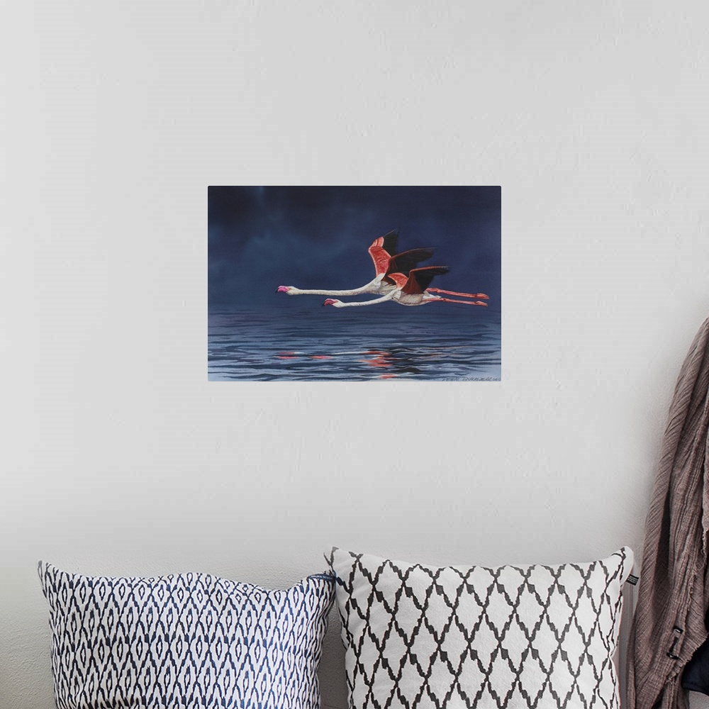 A bohemian room featuring Contemporary painting of two Greater Flamingos flying low over the water.