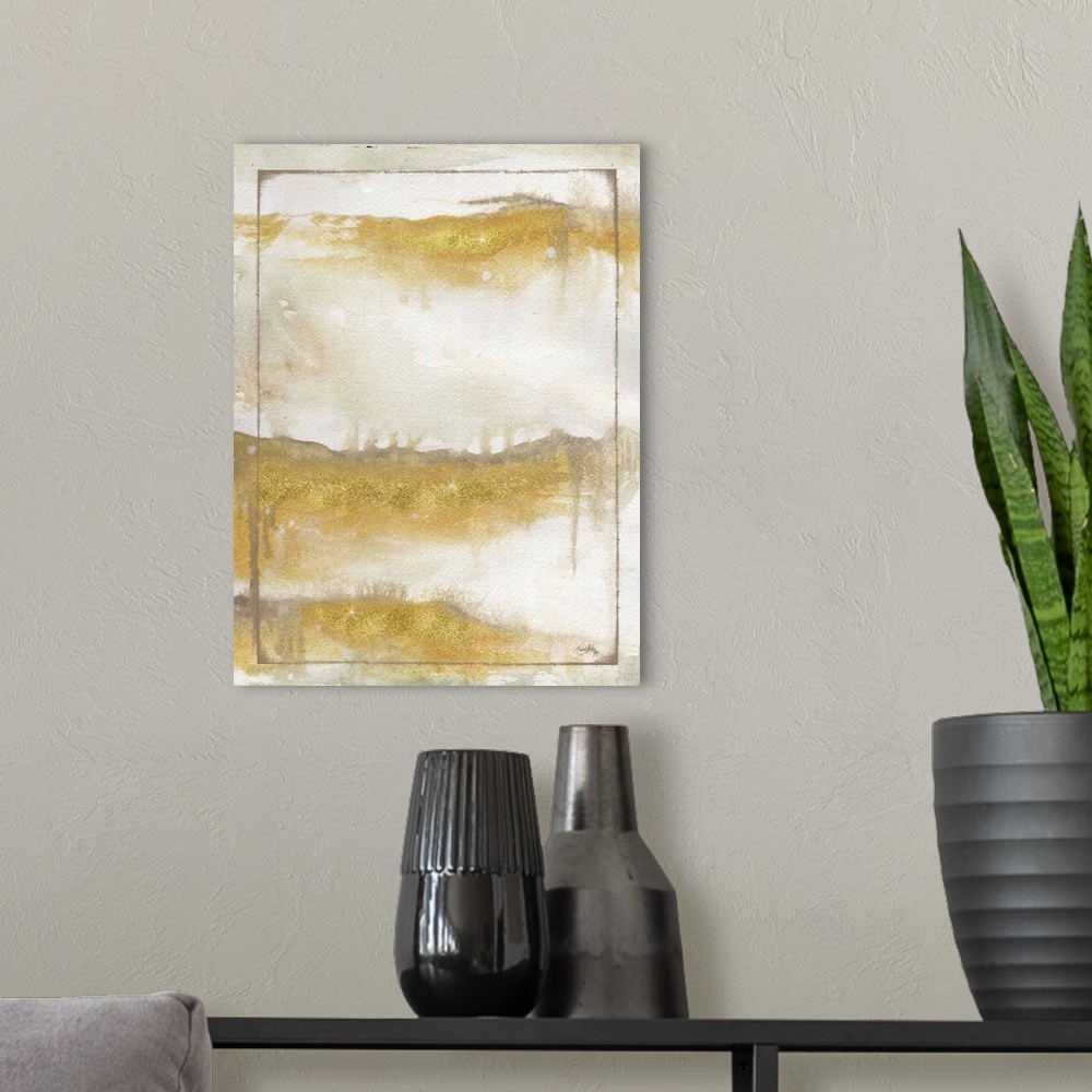 A modern room featuring Contemporary abstract painting of horizontal sections of gold with gray drippings and a layer of ...