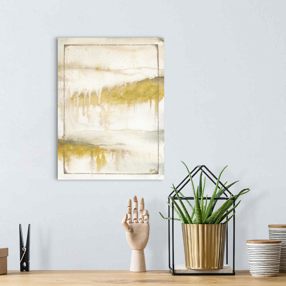 A bohemian room featuring Contemporary abstract painting of horizontal sections of gold with gray drippings and a layer of ...