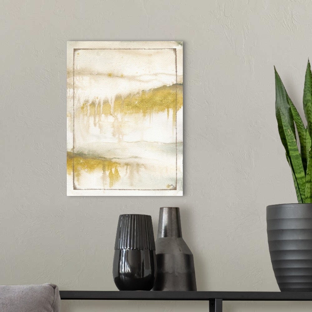 A modern room featuring Contemporary abstract painting of horizontal sections of gold with gray drippings and a layer of ...