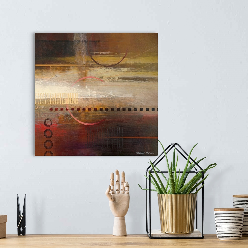 A bohemian room featuring Contemporary abstract painting of earth toned horizontal bands overlain with stenciled geometric ...