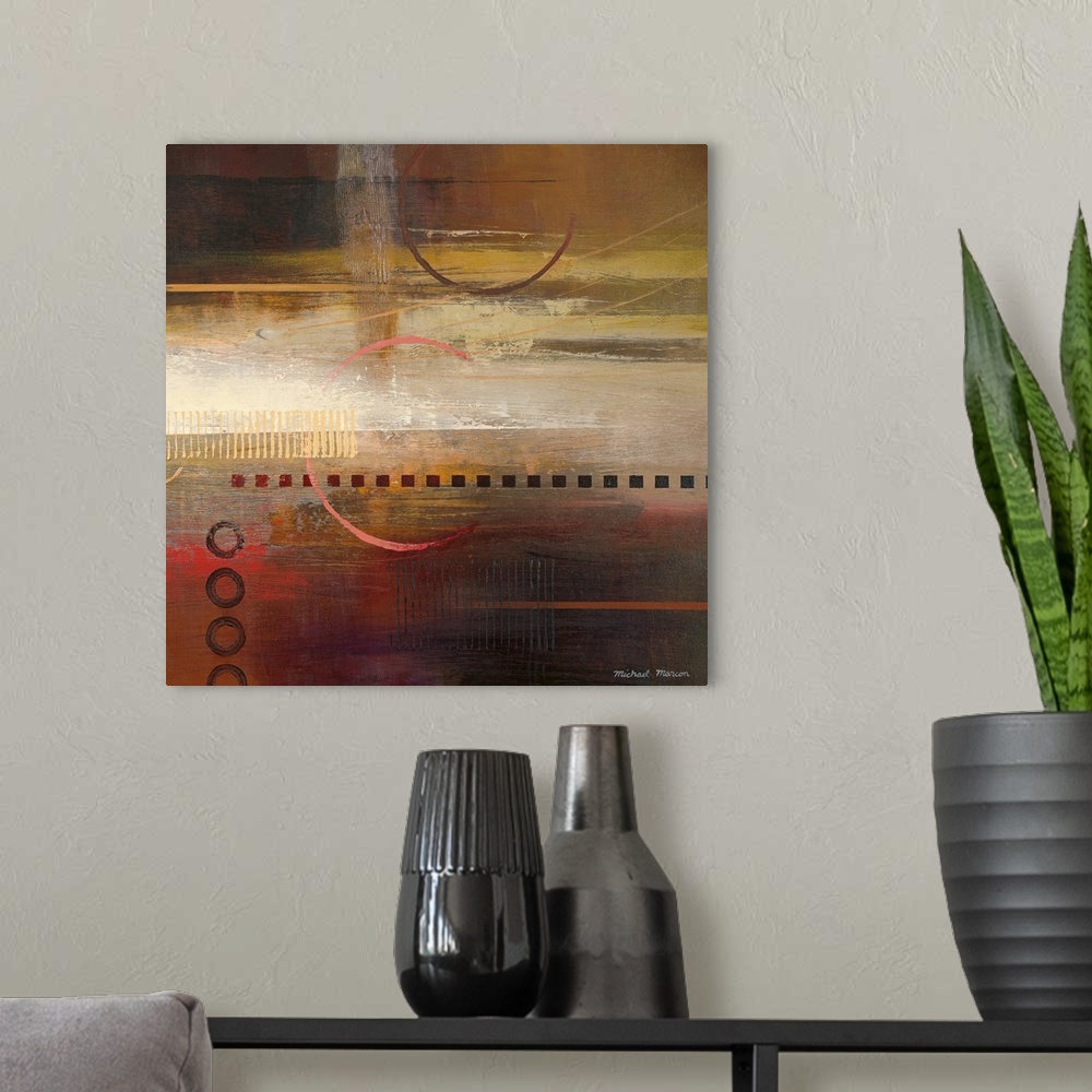 A modern room featuring Contemporary abstract painting of earth toned horizontal bands overlain with stenciled geometric ...