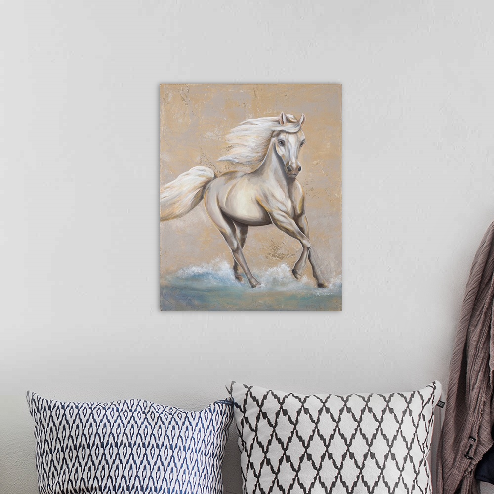 A bohemian room featuring Contemporary painting of a white horse trotting through water on a textured neutral background.