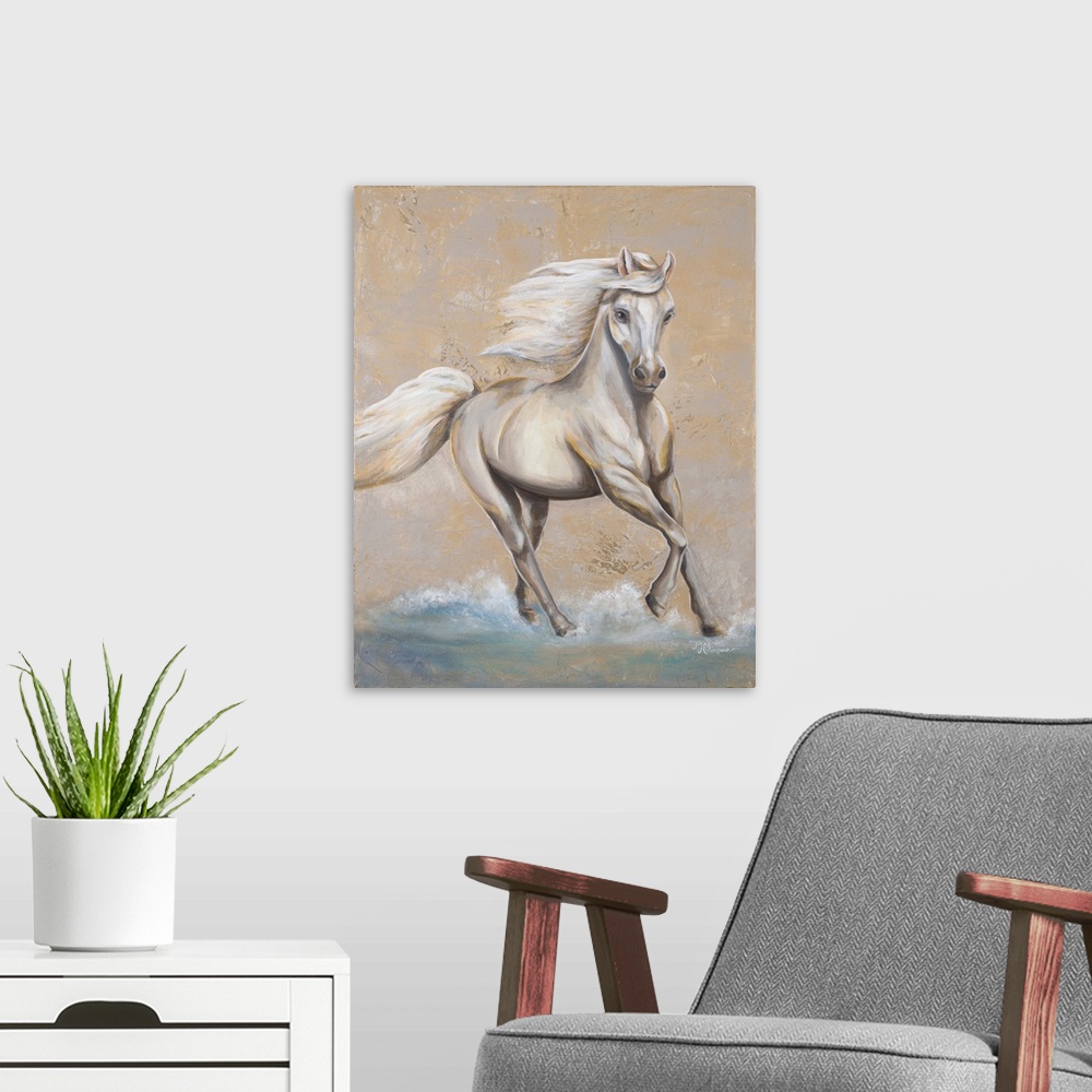 A modern room featuring Contemporary painting of a white horse trotting through water on a textured neutral background.