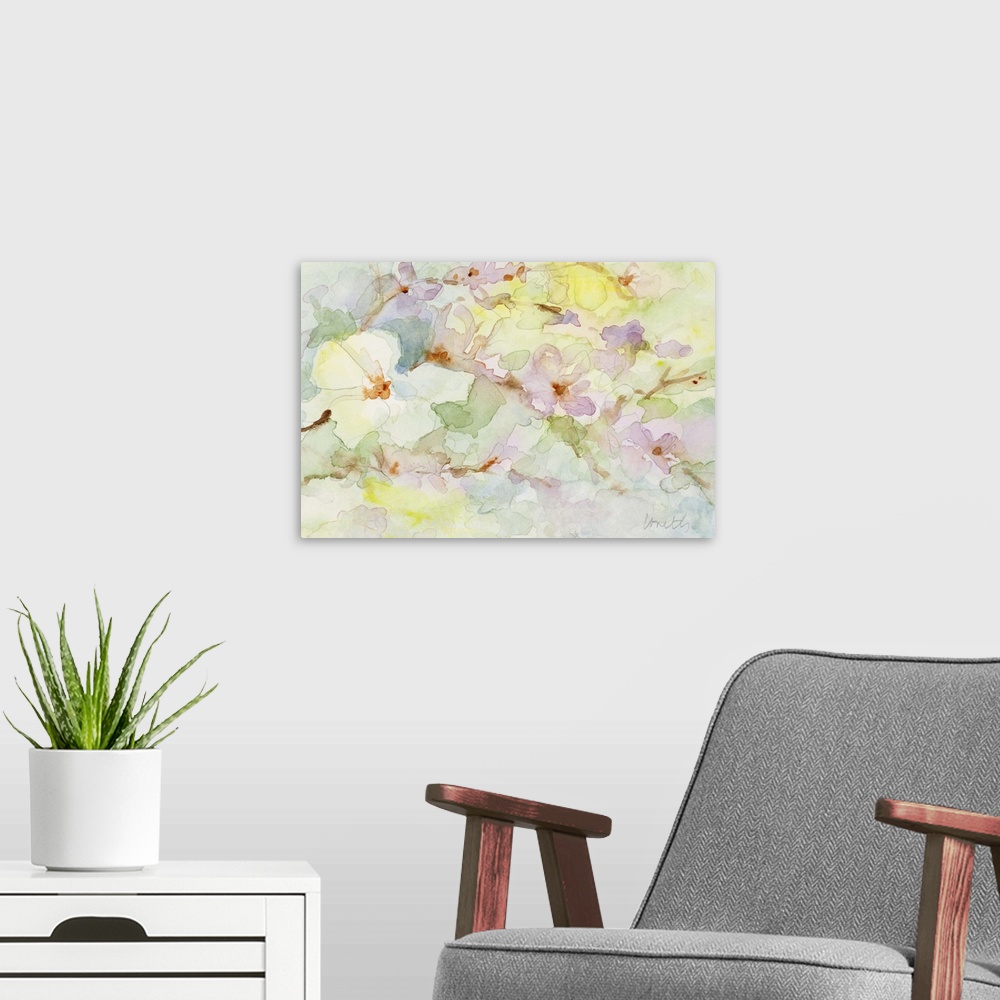 A modern room featuring Watercolor painting in soft pastels of blossoming flowers.