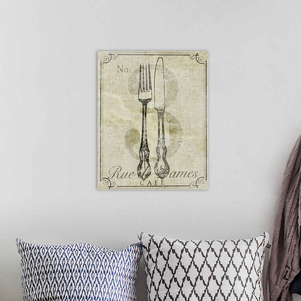 A bohemian room featuring Vintage illustration of a fork and knife with a printed number 3 on a neutral, textured background.