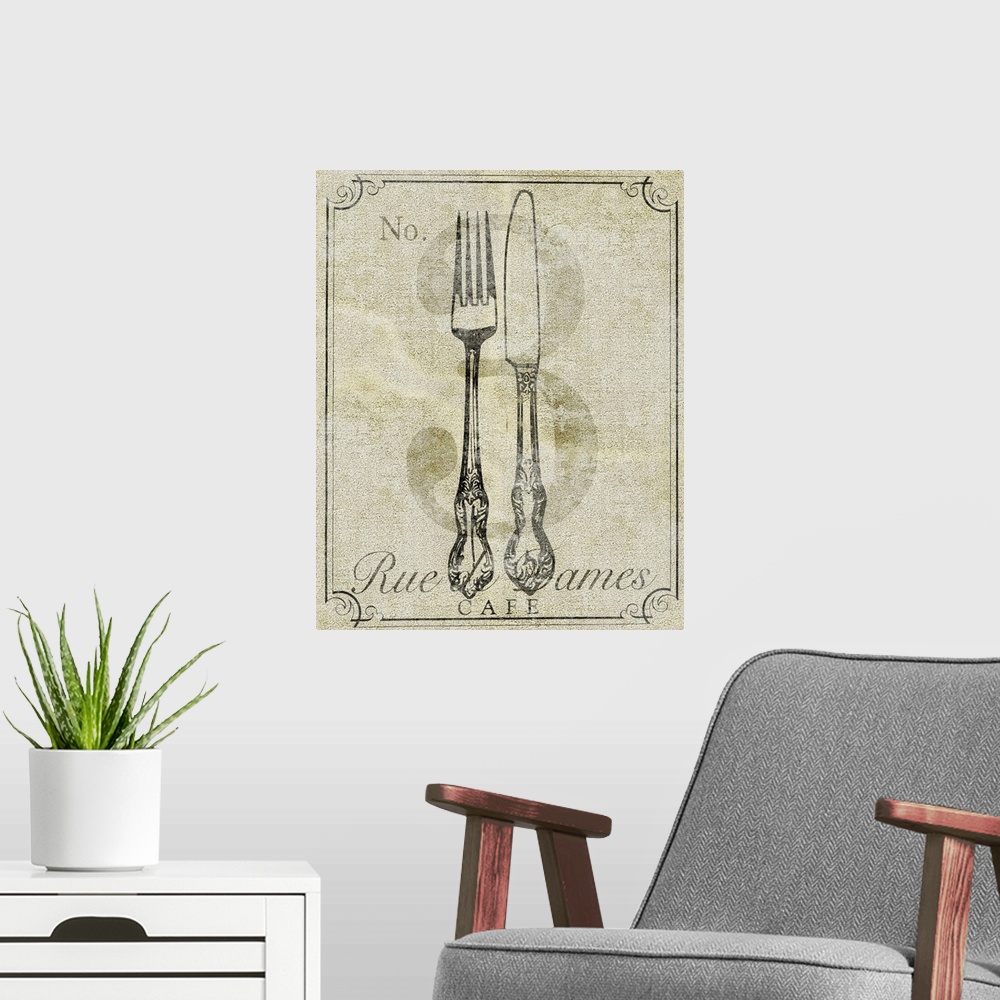 A modern room featuring Vintage illustration of a fork and knife with a printed number 3 on a neutral, textured background.