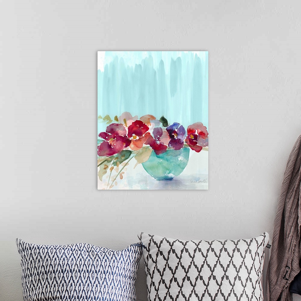 A bohemian room featuring Watercolor painting of arranged flowers in a blue-green bowl