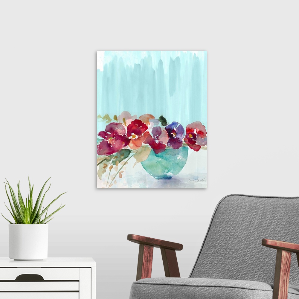A modern room featuring Watercolor painting of arranged flowers in a blue-green bowl
