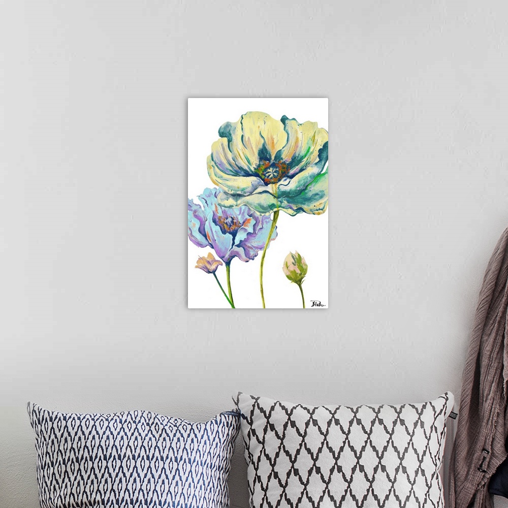 A bohemian room featuring Brightly colored painting of two large blooming poppies and two small buds.
