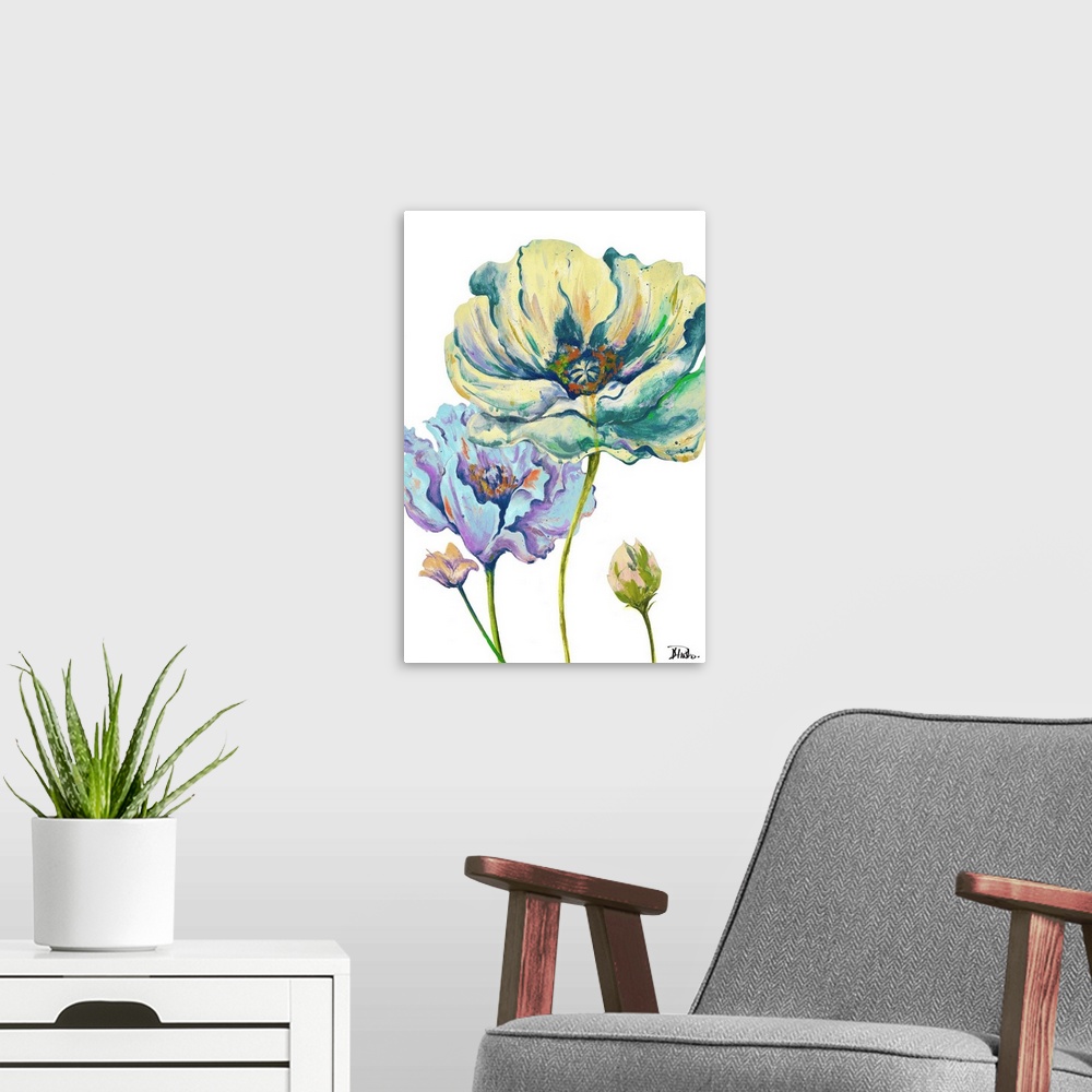 A modern room featuring Brightly colored painting of two large blooming poppies and two small buds.