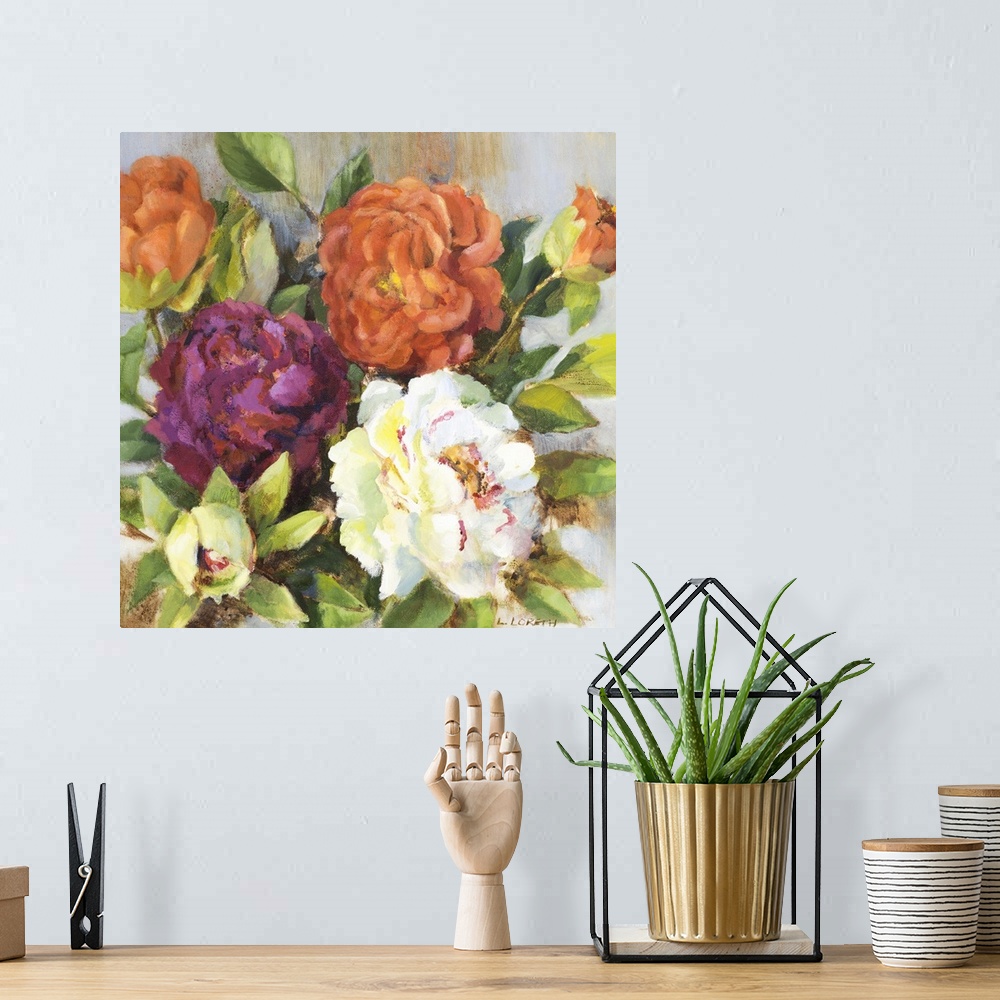 A bohemian room featuring Colorful painting of a bouquet of big beautiful flowers.