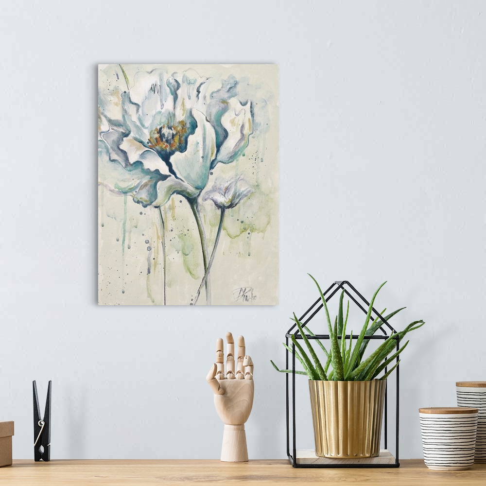 A bohemian room featuring Contemporary painting of white poppy flowers against a watercolor splattered background.