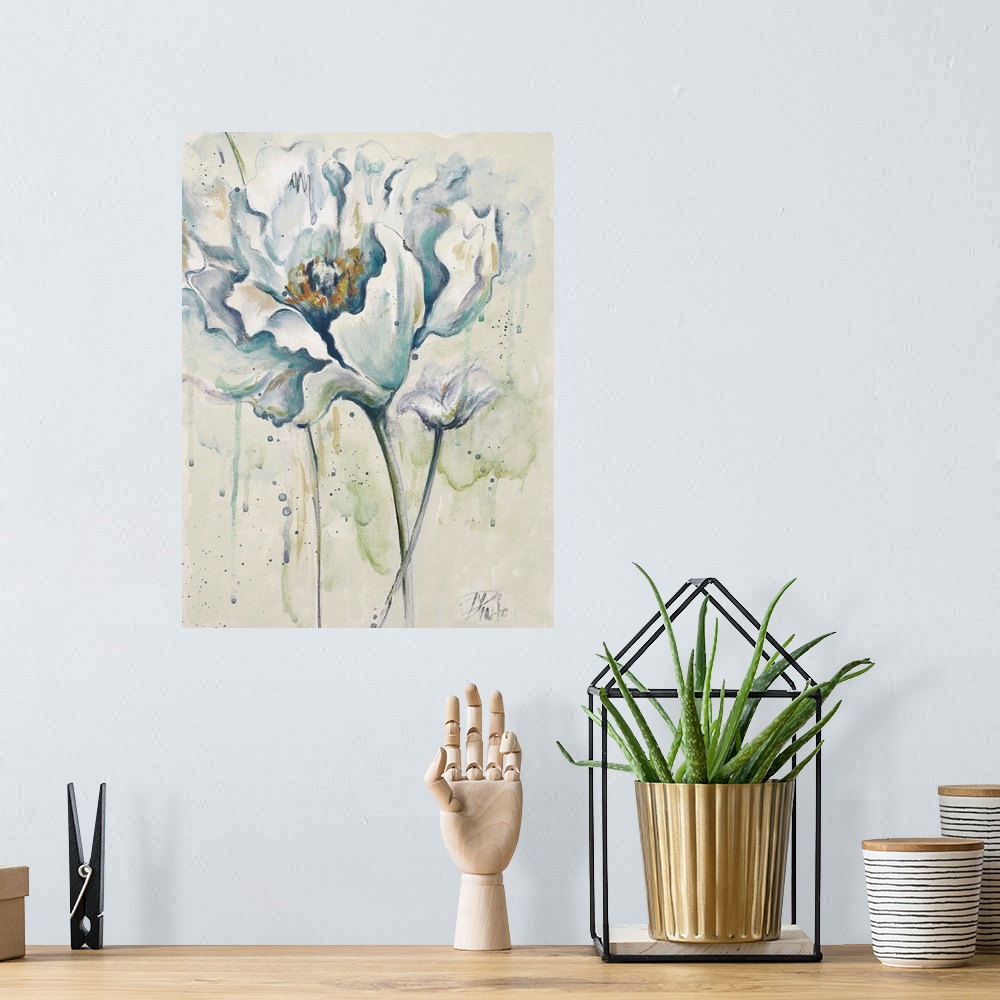 A bohemian room featuring Contemporary painting of white poppy flowers against a watercolor splattered background.
