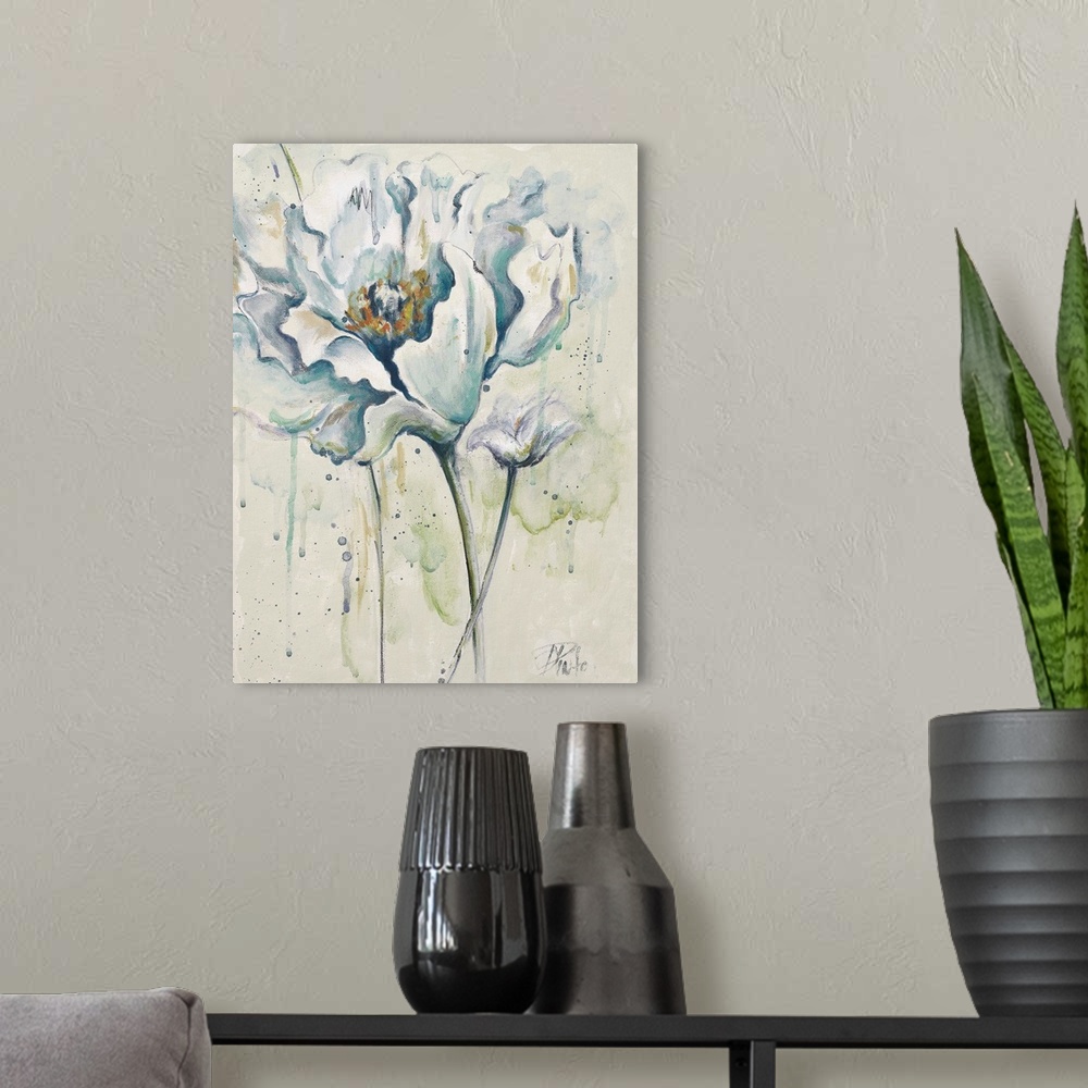 A modern room featuring Contemporary painting of white poppy flowers against a watercolor splattered background.