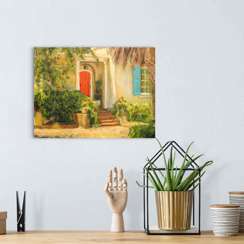 A bohemian room featuring A contemporary painting of a lush Tuscan front garden scene.
