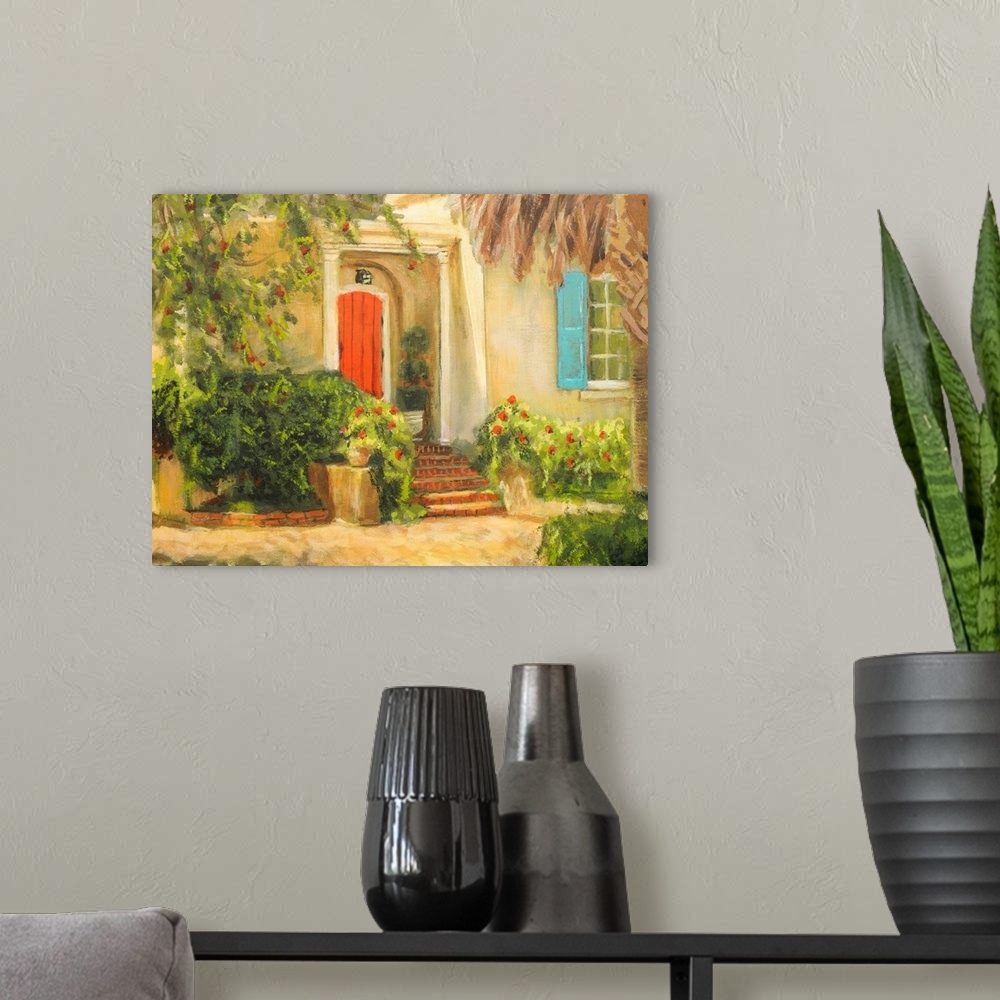 A modern room featuring A contemporary painting of a lush Tuscan front garden scene.