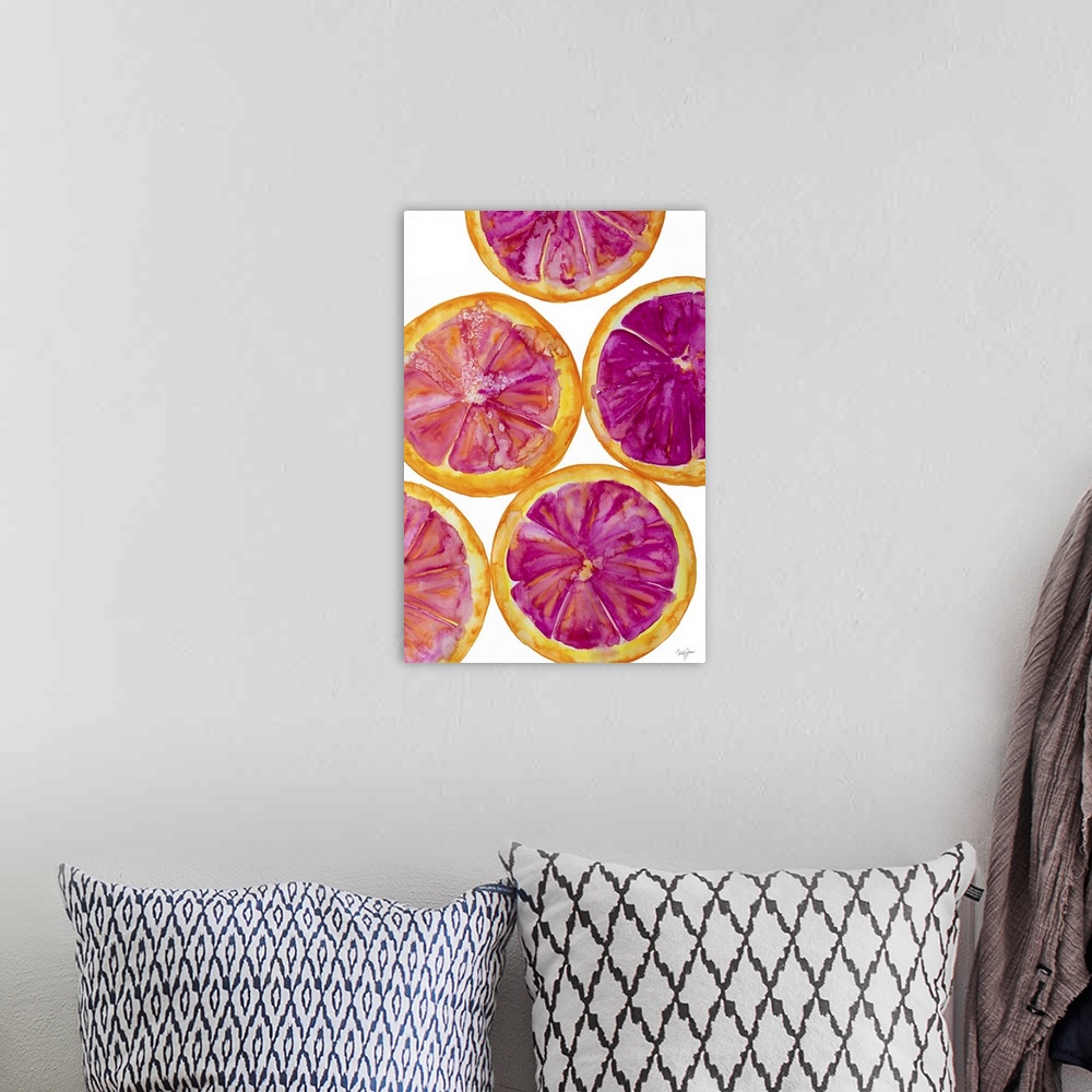 A bohemian room featuring Watercolor painting of several grapefruit slices.