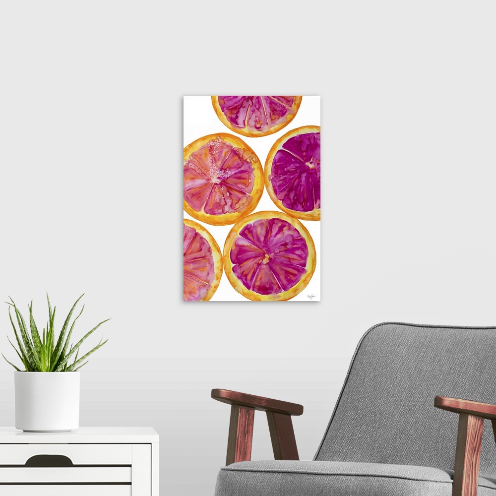 A modern room featuring Watercolor painting of several grapefruit slices.