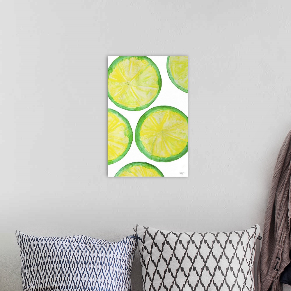 A bohemian room featuring Watercolor painting of several lime slices.