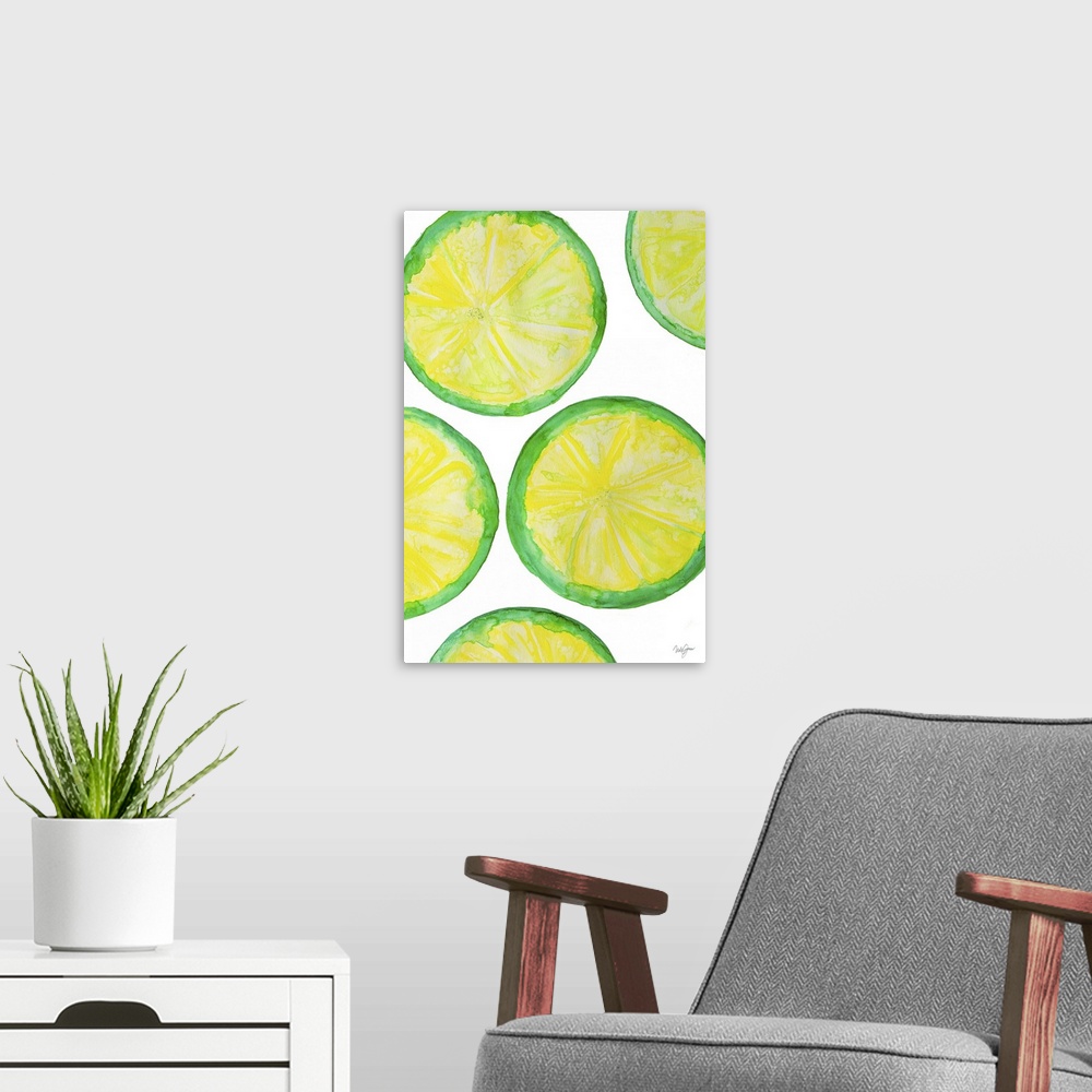 A modern room featuring Watercolor painting of several lime slices.