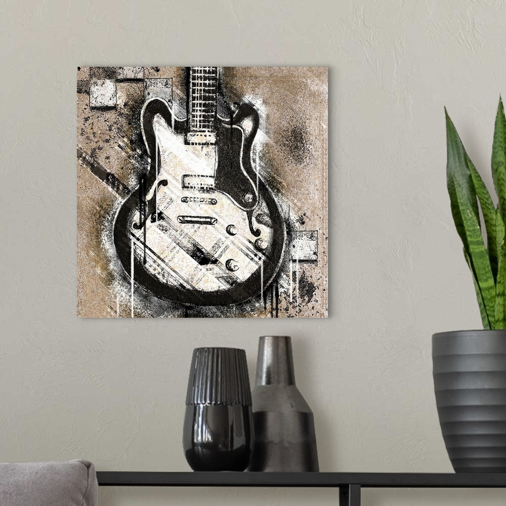 A modern room featuring Artwork of a black and white guitar that appears to be spray painted on a neutral colored wall wi...