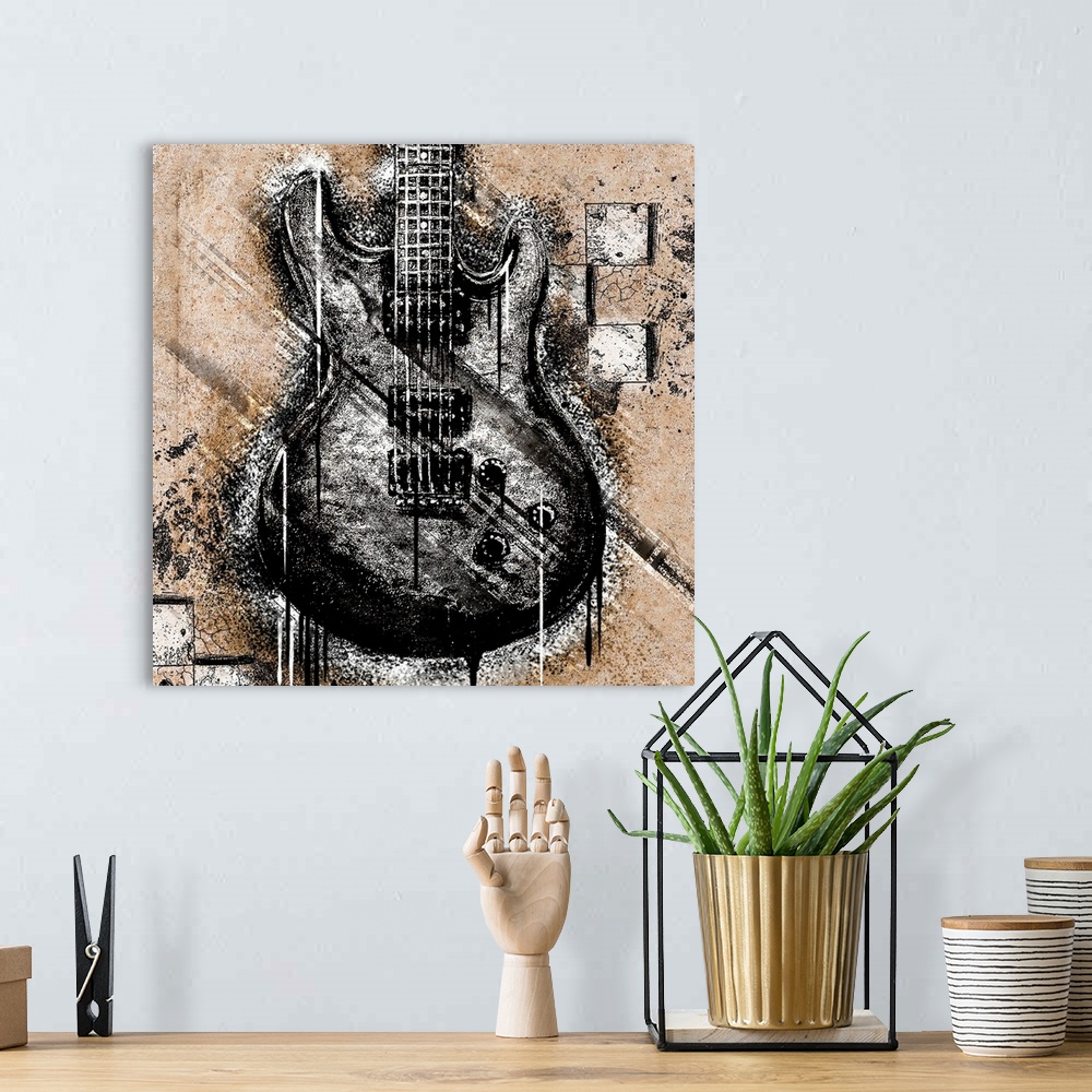 A bohemian room featuring Square panel of an electric guitar with a stenciled effect, with heavy  texture and dripping paint.