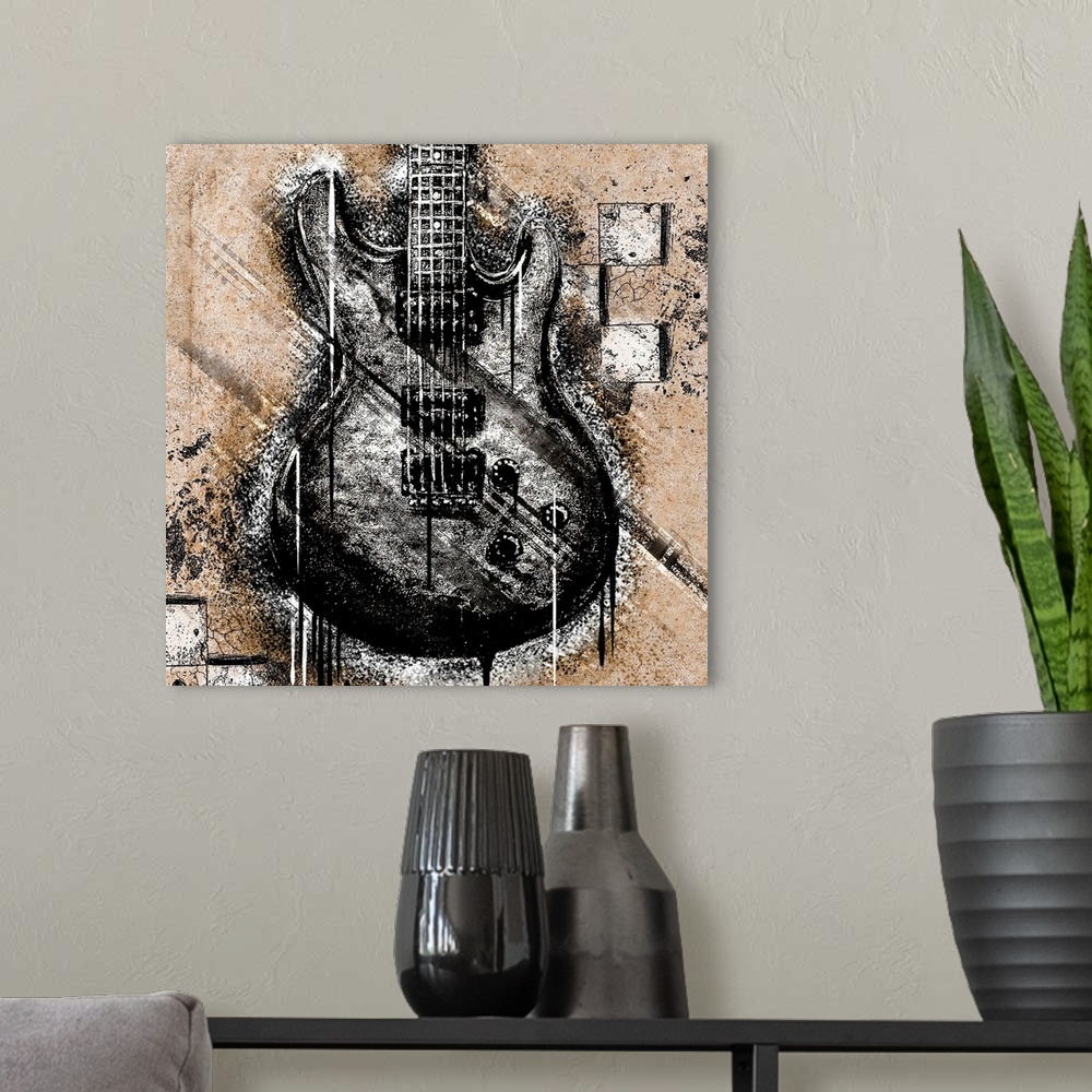 A modern room featuring Square panel of an electric guitar with a stenciled effect, with heavy  texture and dripping paint.