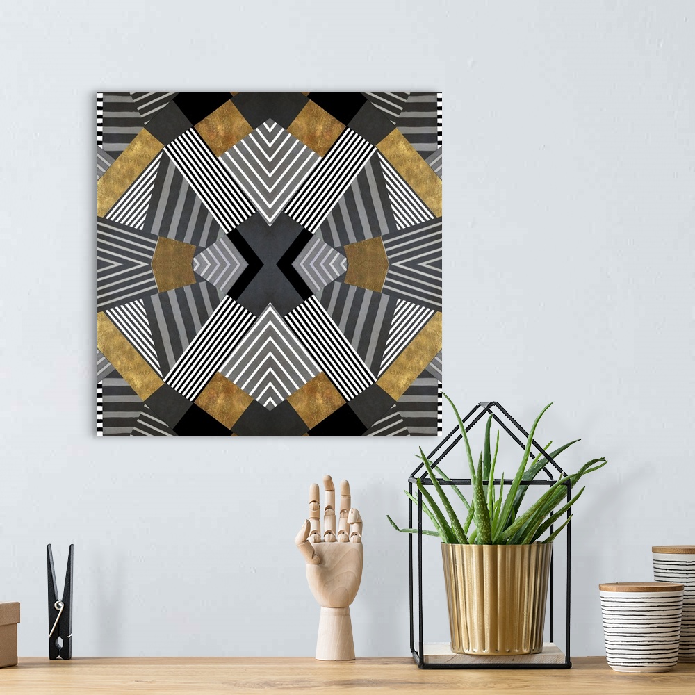A bohemian room featuring Square abstract painting with four boxes filled with the same geometric patterns of striped lines...