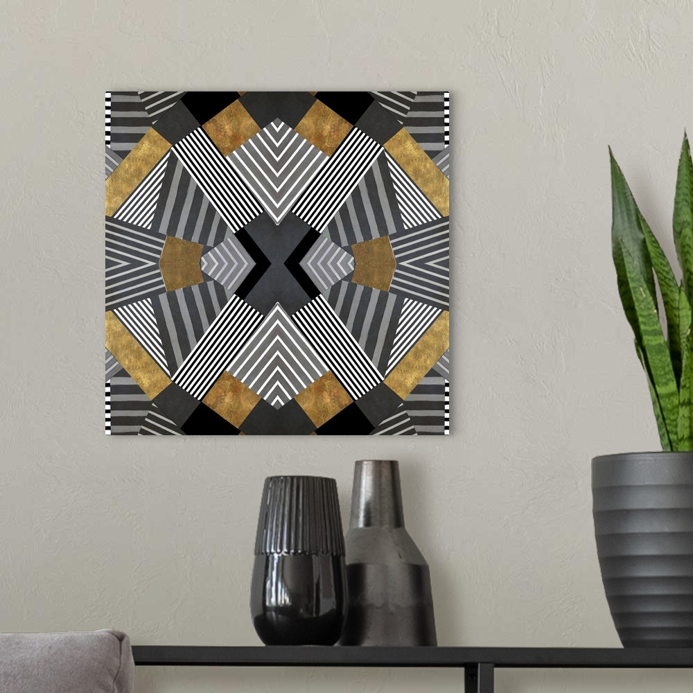 A modern room featuring Square abstract painting with four boxes filled with the same geometric patterns of striped lines...