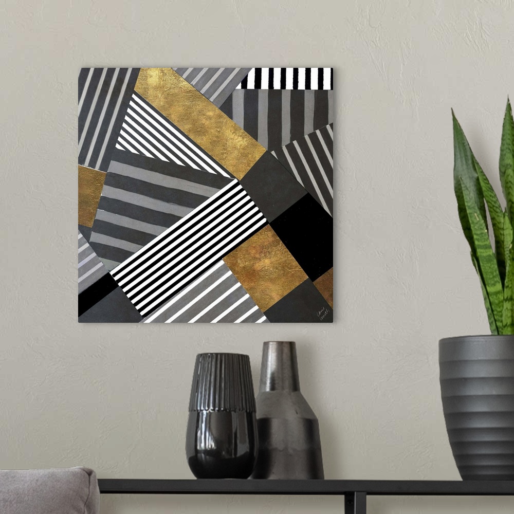 A modern room featuring Square abstract painting that has black, white, and gray striped in sections moving in all differ...