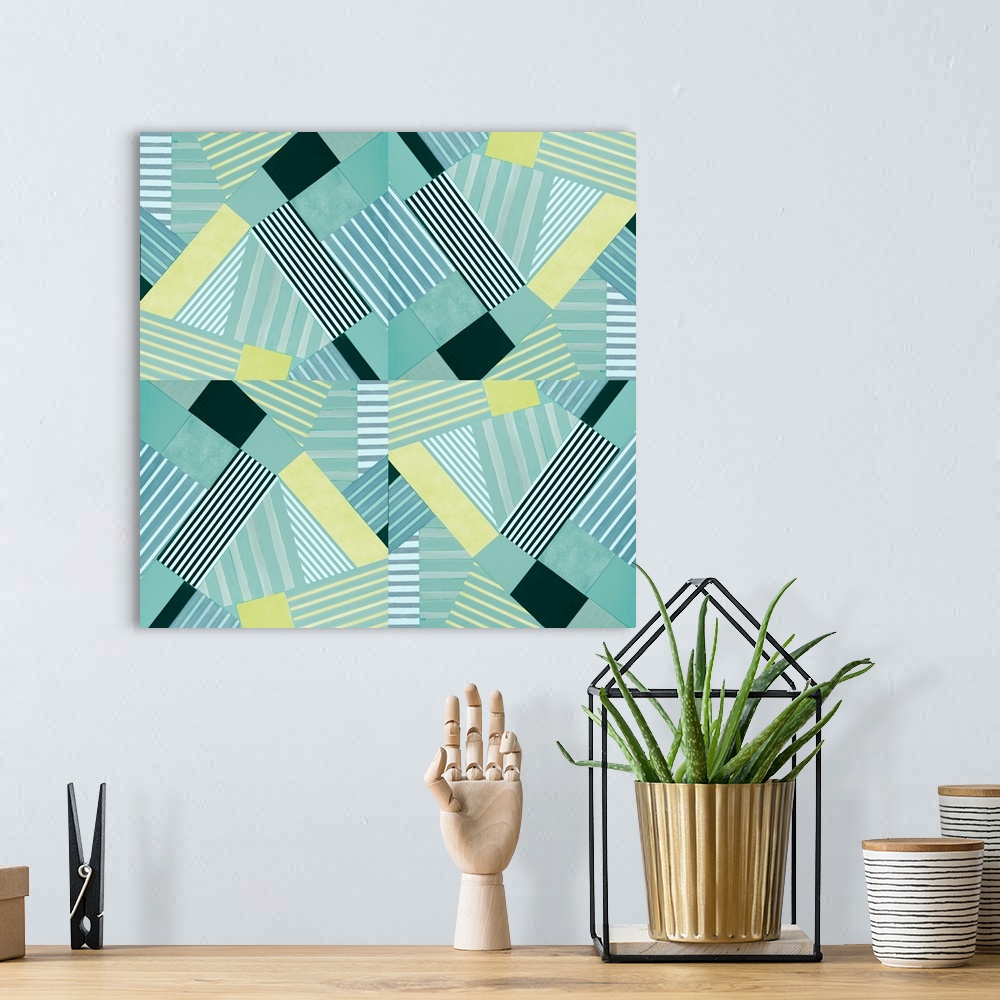 A bohemian room featuring Square abstract painting with four boxes filled with the same geometric patterns of striped lines...