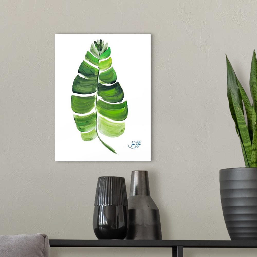 A modern room featuring A painting of a palm leaf in different shades of green.