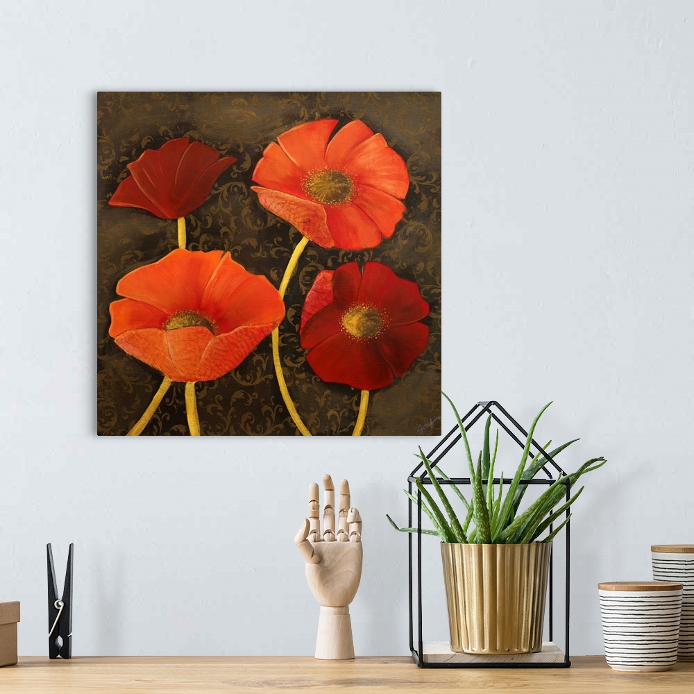 A bohemian room featuring Painting of four orange and red poppies with golden stems.