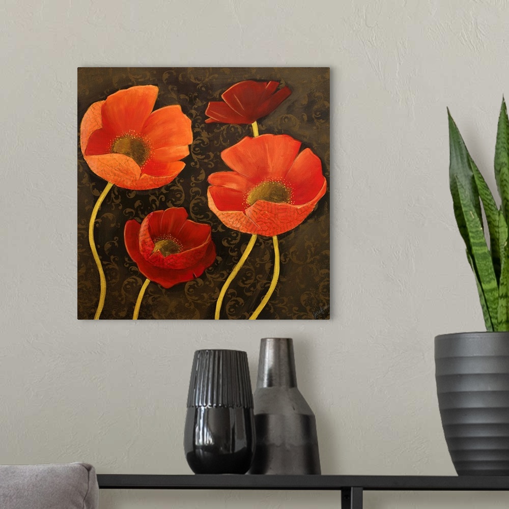 A modern room featuring Painting of four orange and red poppies with golden stems.