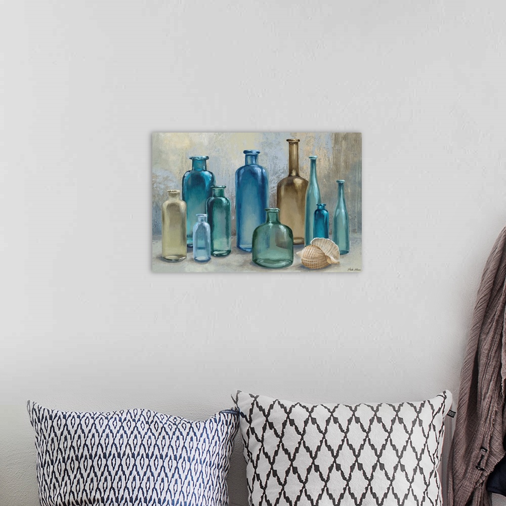 A bohemian room featuring Contemporary painting of a collection of glass bottles of varying shapes and blue tones.