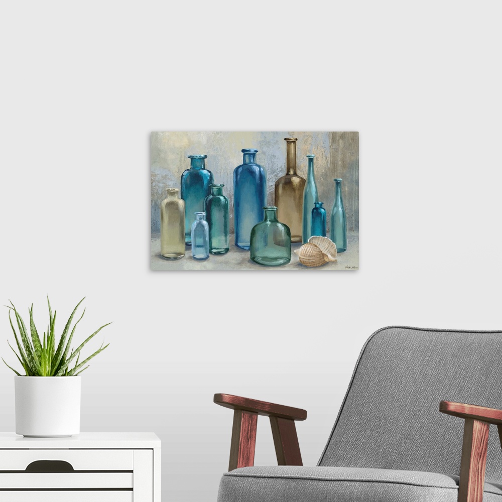 A modern room featuring Contemporary painting of a collection of glass bottles of varying shapes and blue tones.