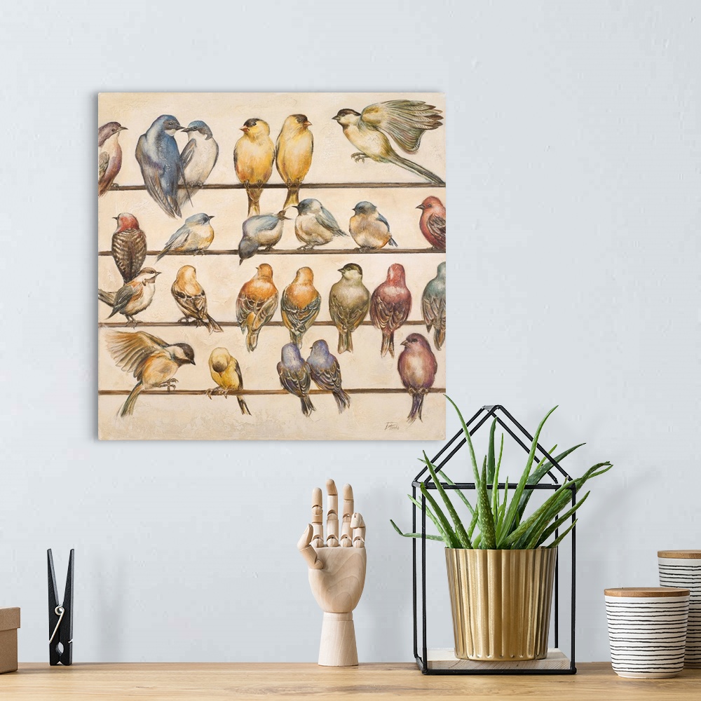 A bohemian room featuring Contemporary artwork of a group of birds in pairs perched on lines, including goldfinches, swallo...