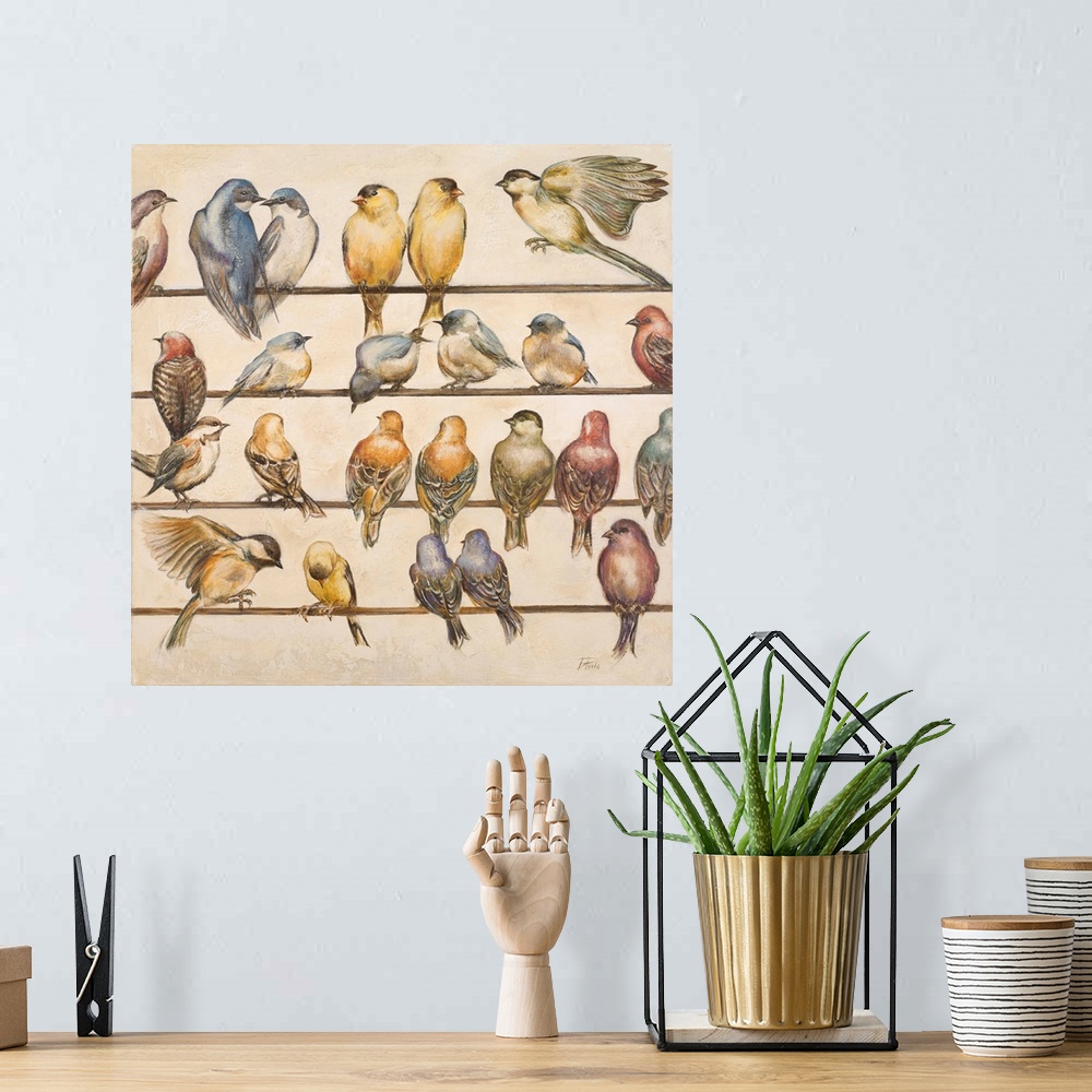 A bohemian room featuring Contemporary artwork of a group of birds in pairs perched on lines, including goldfinches, swallo...
