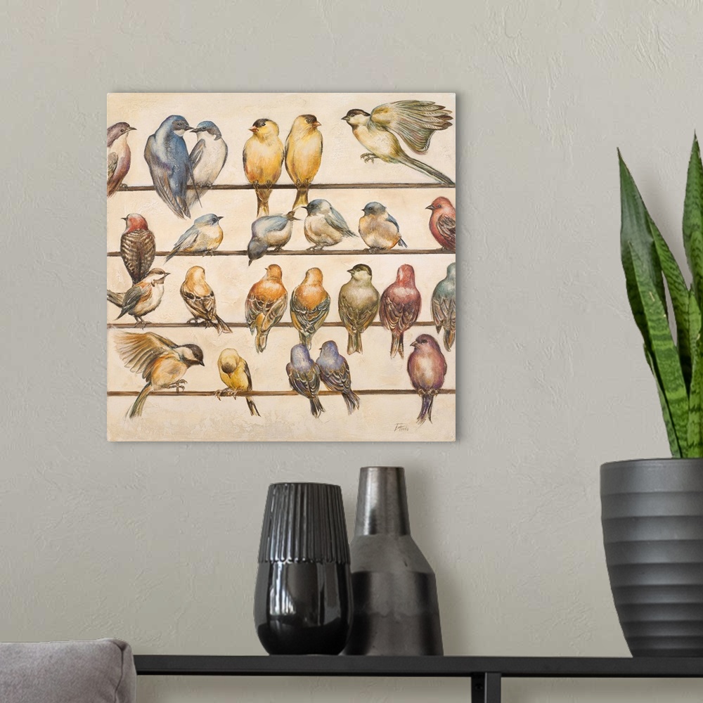 A modern room featuring Contemporary artwork of a group of birds in pairs perched on lines, including goldfinches, swallo...