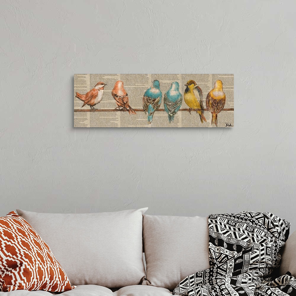 A bohemian room featuring Contemporary artwork of colorful birds perched on a wire against a newsprint background.