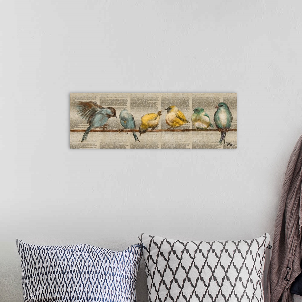 A bohemian room featuring Contemporary artwork of colorful birds perched on a wire against a newsprint background.