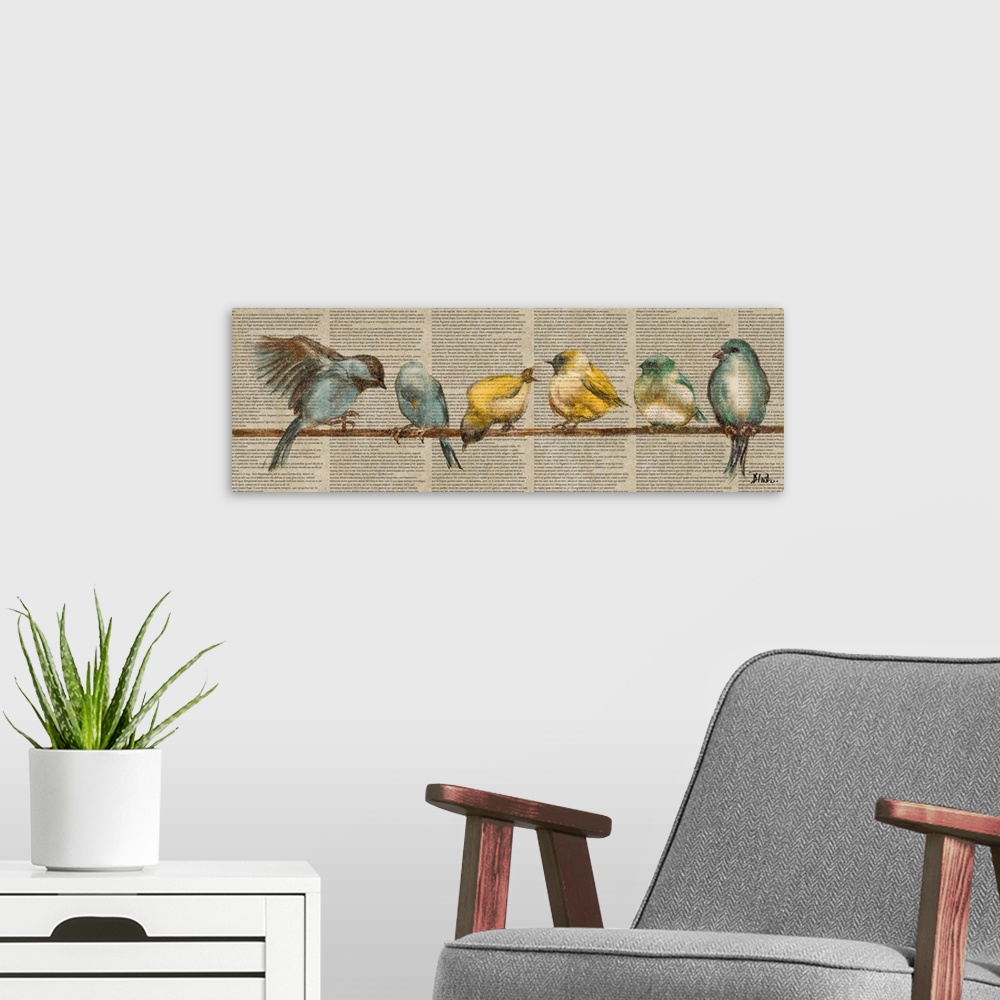 A modern room featuring Contemporary artwork of colorful birds perched on a wire against a newsprint background.