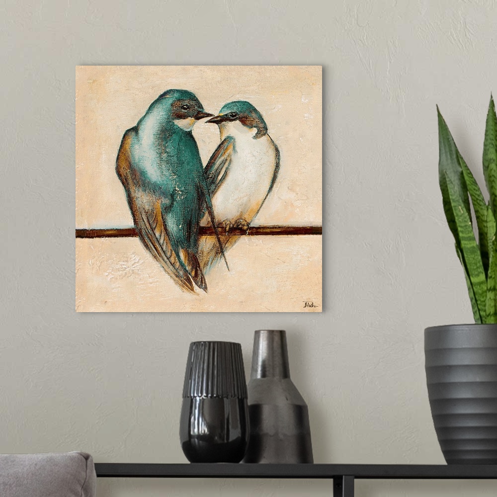 A modern room featuring Contemporary painting of a pair of swallows perched together on a line.