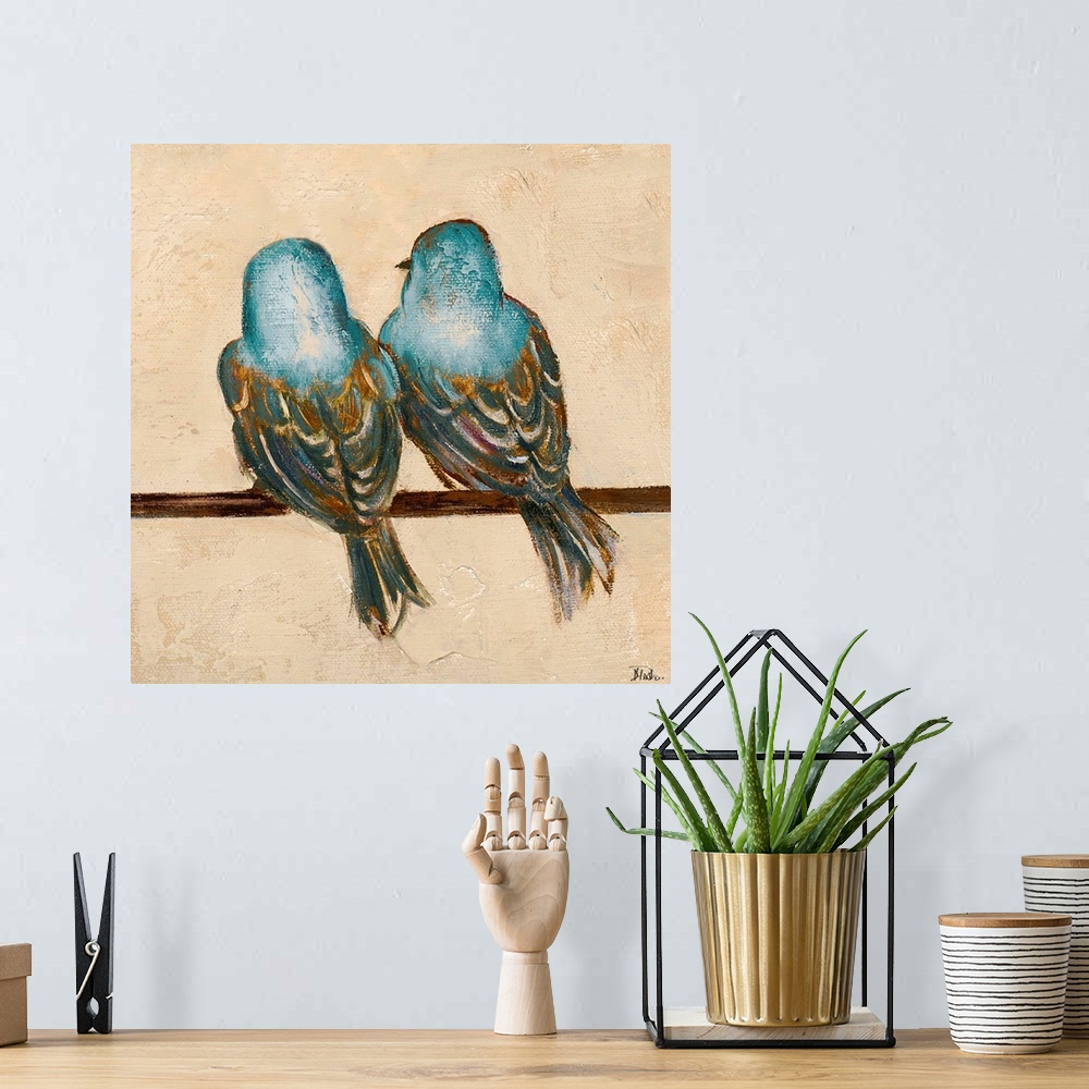 A bohemian room featuring Contemporary painting of a pair of birds perched together on a line.