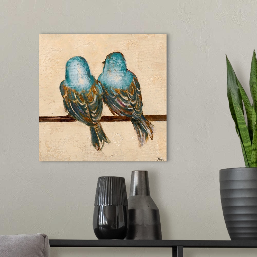 A modern room featuring Contemporary painting of a pair of birds perched together on a line.