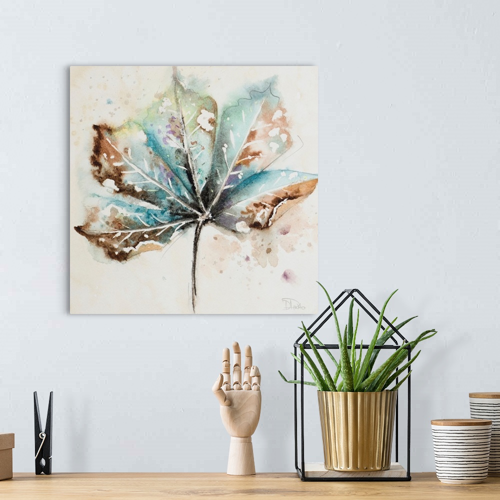 A bohemian room featuring Square painting of a fallen autumn leaf, in blue shades on a neutral background.