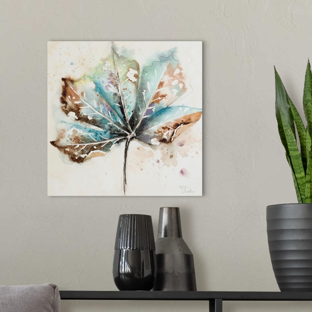 A modern room featuring Square painting of a fallen autumn leaf, in blue shades on a neutral background.